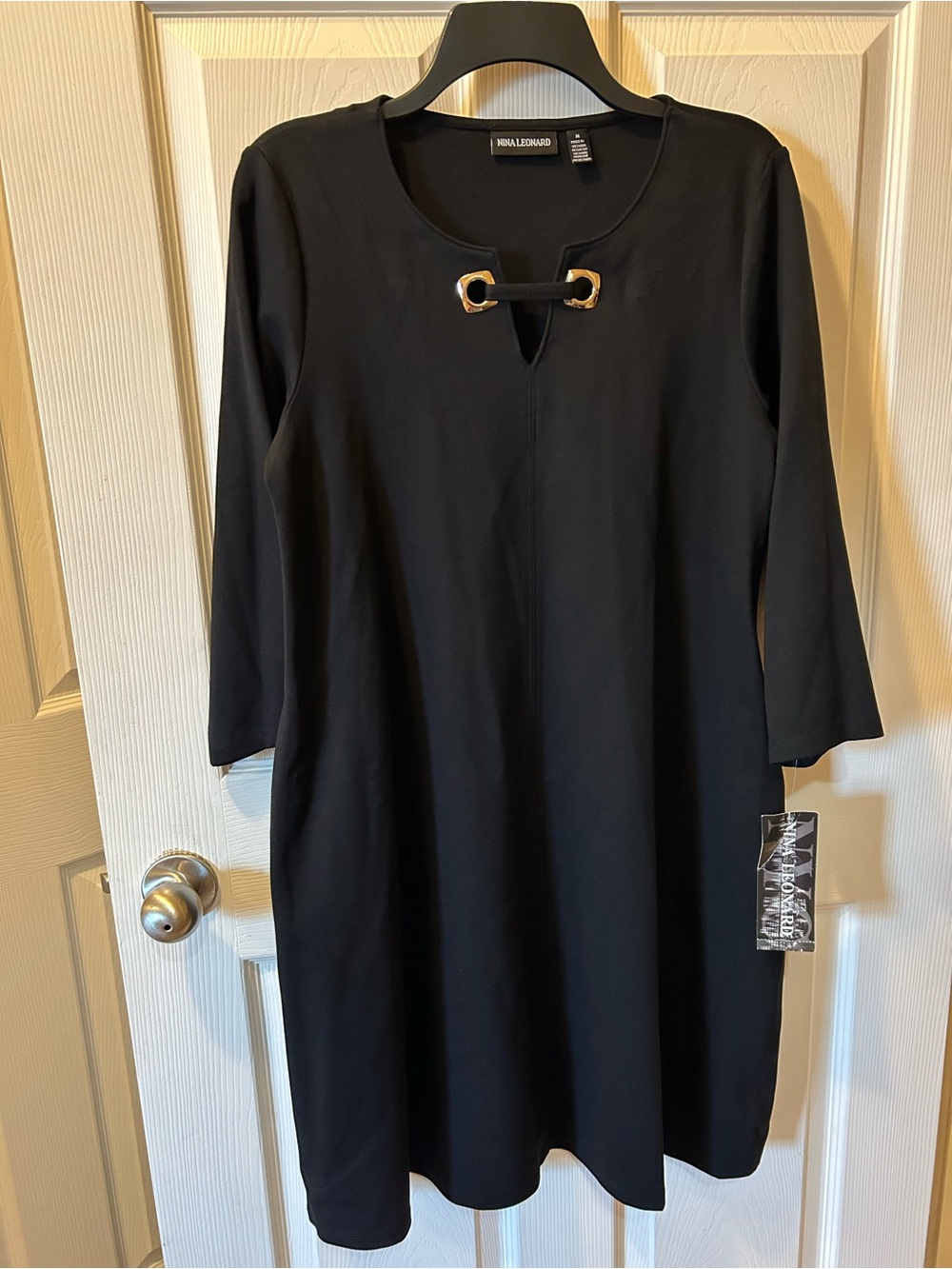 Nina Leonard Medium Black Midi Dress with Gold Accent NWT
